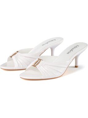 Women's White Ruched Kitten Heels Metal Round Toe Mules Peep Open Toe Low Heel